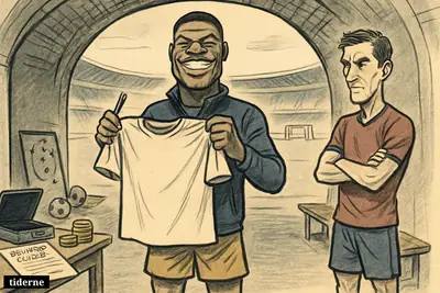 A caricature football transfer scene shows Denzel Dumfries presenting a blank shirt in a stadium tunnel while a rival right-back watches nearby.