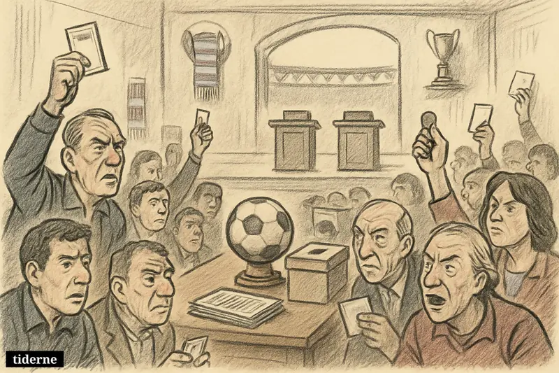 Crowded football club assembly hall with socios raising hands and ballots around a table with a football, ballot box, and ownership certificates.
