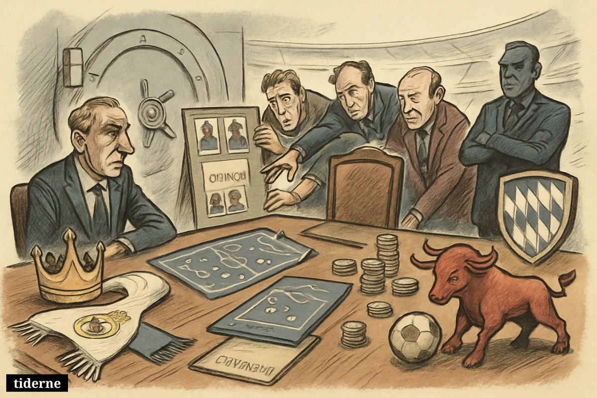 A football transfer caricature scene with club symbols, scouts, money, and a tense negotiation table centered on a costly Leipzig target. (AI-genereret illustration)
