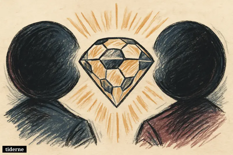Glowing faceted football suspended between two shadowy circular force fields on a black background (AI-genereret illustration)
