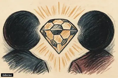 Glowing faceted football suspended between two shadowy circular force fields on a black background (AI-genereret illustration)