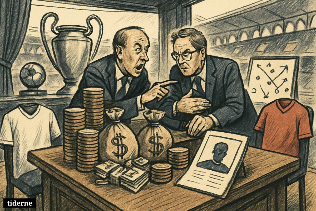 A football boardroom scene with money piles, rival jerseys, club officials, a hidden player dossier, and a trophy overlooking a stadium.