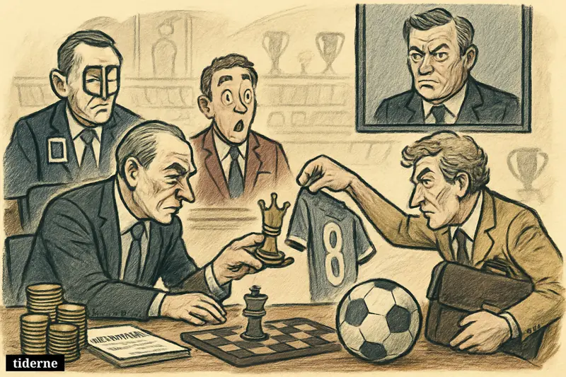 Caricature of football transfer negotiators around a table with contracts, coins, a chess piece, and media-company observers in the room.