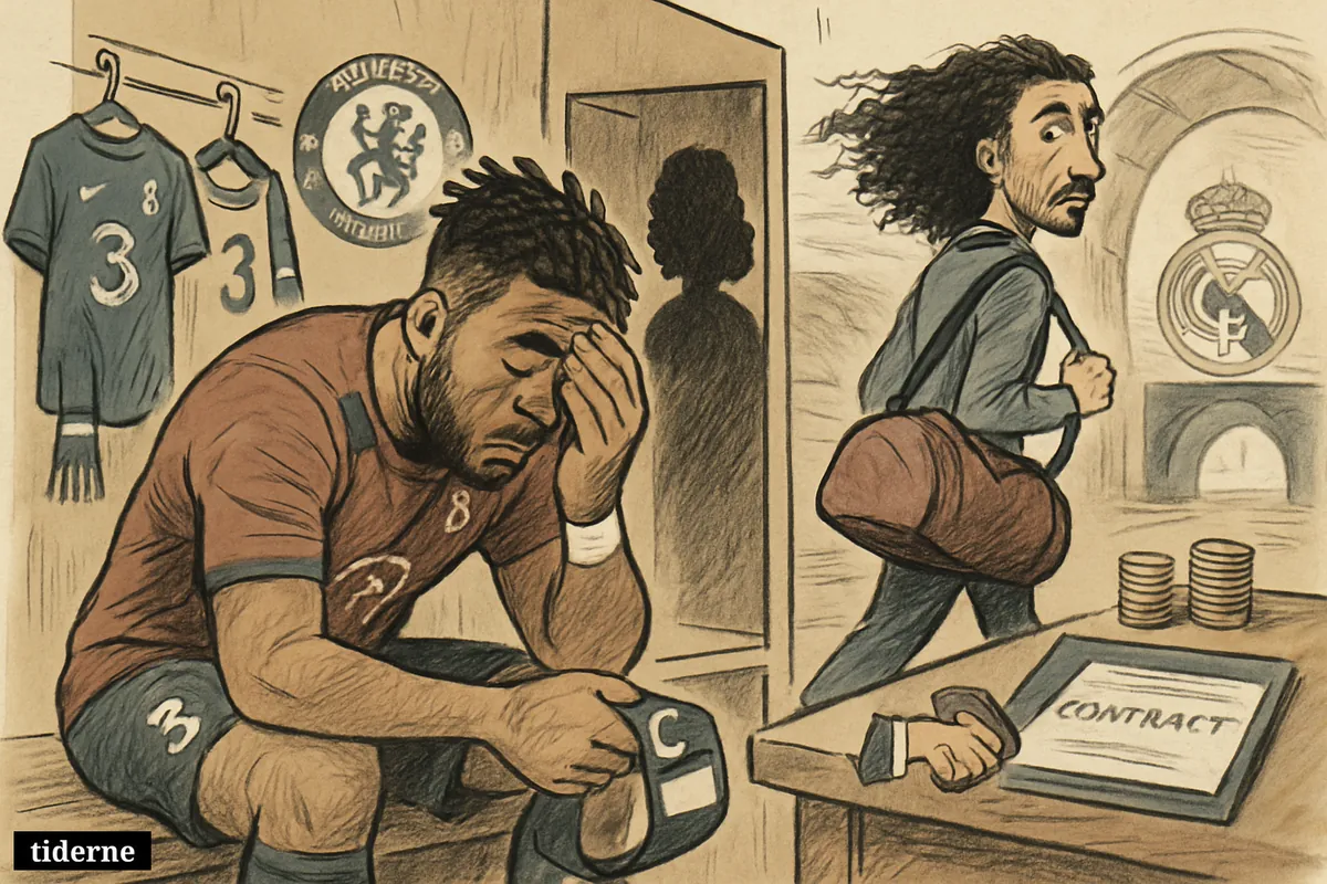 Reece James sits heartbroken in a locker room as Marc Cucurella walks away toward a new club, with transfer props nearby.