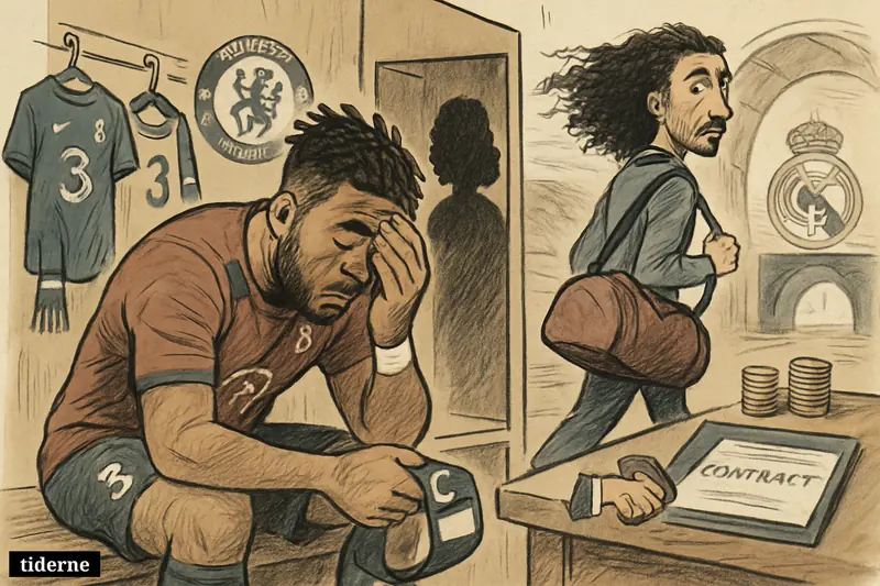 Reece James sits heartbroken in a locker room as Marc Cucurella walks away toward a new club, with transfer props nearby.