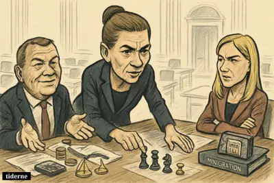 Mette Frederiksen leads tense coalition talks as Lars Løkke Rasmussen and Pernille Vermund face off across a negotiation table with economic and immigration props.