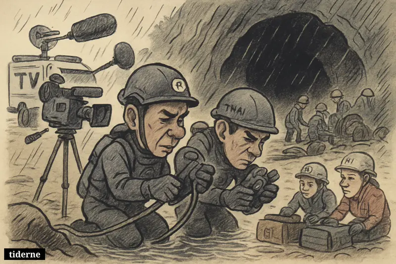 Thai rescue divers and medics work outside a flooded Laos cave in heavy rain, with broadcast news equipment nearby.