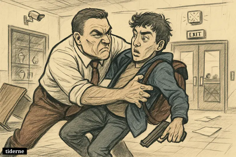 A principal tackles an armed former student in a school foyer while injured, as frightened students shelter behind a reception desk.