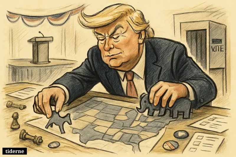 Donald Trump smirks over a strategy table, moving a donkey game piece while guarding elephant pieces in a US election-themed setting.
