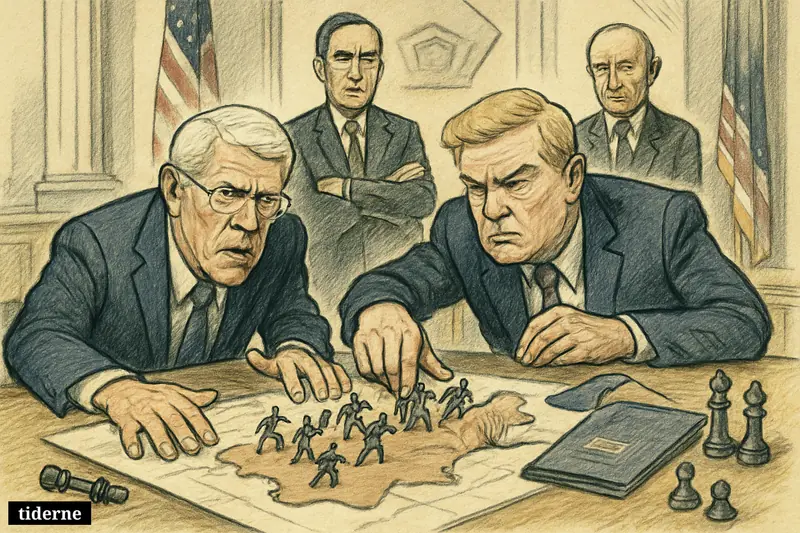 Caricature of Wicker and Rogers confronting a troop pullback as Trump withdraws toy soldiers from Germany while Putin watches in the background.