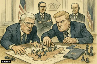 Caricature of Wicker and Rogers confronting a troop pullback as Trump withdraws toy soldiers from Germany while Putin watches in the background.