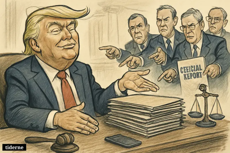 Donald Trump grins behind a desk while Republican lawmakers push a report and legal folders toward him in a justice-themed government room.