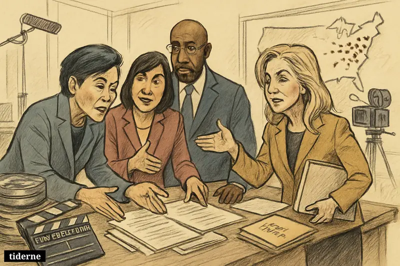 Four U.S. lawmakers in a Hollywood studio office rally around film production papers, reels, and equipment, signaling bipartisan support for tax breaks. (AI-genereret illustration)