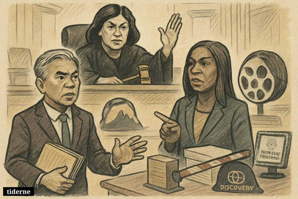 Caricature courtroom scene with Judge Araceli Martínez-Olguín halting a Paramount and Warner Bros. Discovery merger as Rob Bonta and Letitia James press the case. (AI-genereret illustration)
