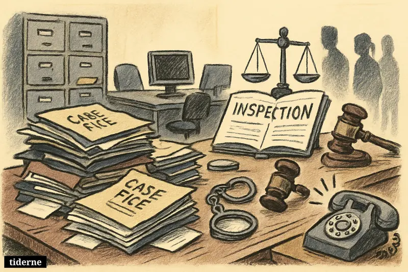 A caricature police records office with neglected case files, audit symbols, empty chairs, and waiting victim silhouettes suggesting failed investigations.