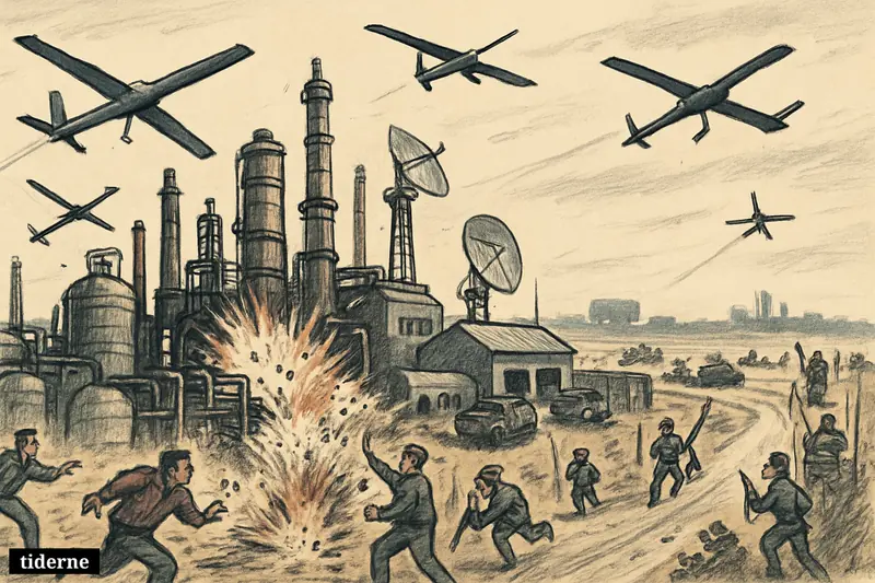 Caricature of drones striking a refinery and military site near Rjazan as workers and soldiers run amid explosions and damage.