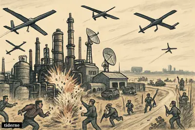 Caricature of drones striking a refinery and military site near Rjazan as workers and soldiers run amid explosions and damage.