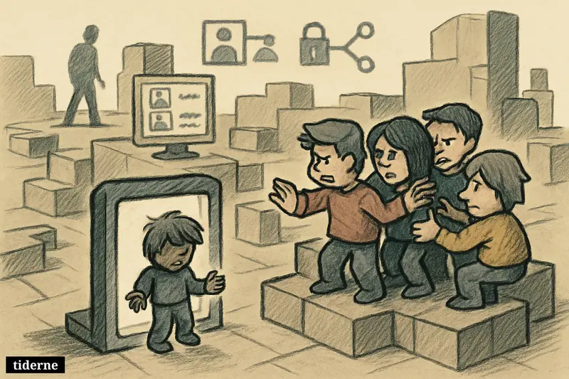 A lone blocky child avatar is shut out of a Roblox-like game world while a group inside turns away and closes access.