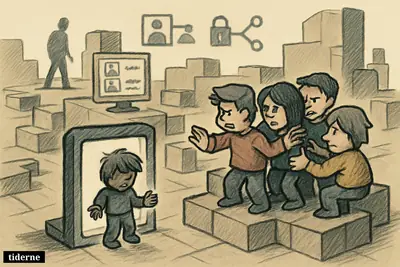 A lone blocky child avatar is shut out of a Roblox-like game world while a group inside turns away and closes access.