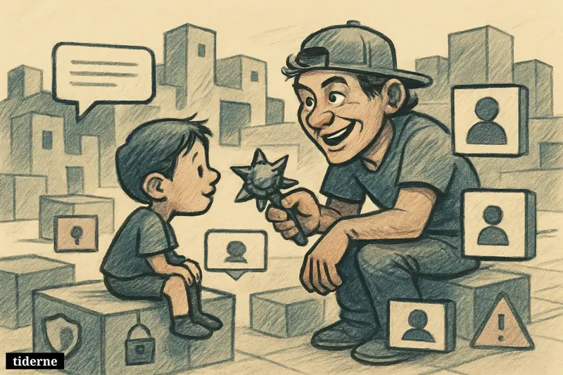 A child avatar trusts a too-friendly older avatar in a Roblox-like game world filled with social icons and hidden warning signs.