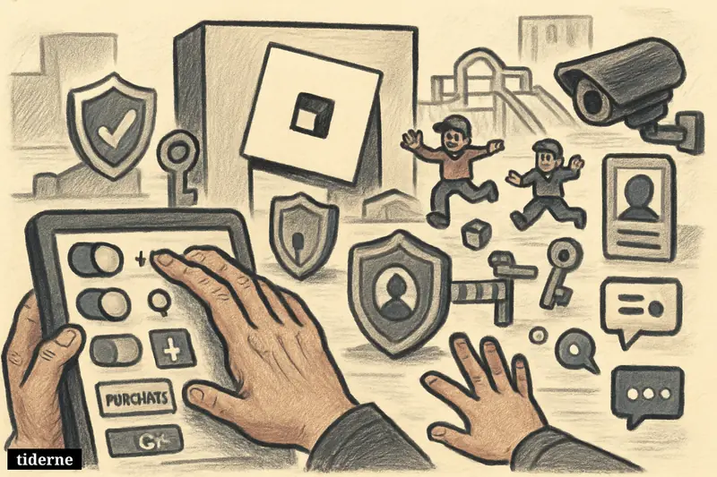 A digital playground with Roblox-like blocky figures, a parental control panel, locks, chat icons, and an adult hand managing child safety tools.
