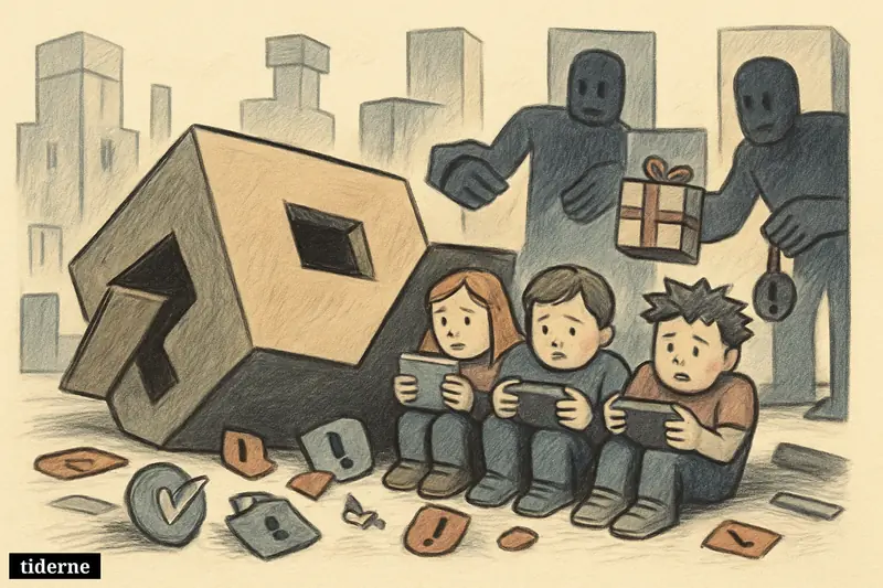 A blocky Roblox-like world shows frightened child avatars near a broken safety barrier as looming figures approach from chat windows and shadows.