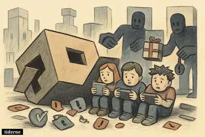 A blocky Roblox-like world shows frightened child avatars near a broken safety barrier as looming figures approach from chat windows and shadows.