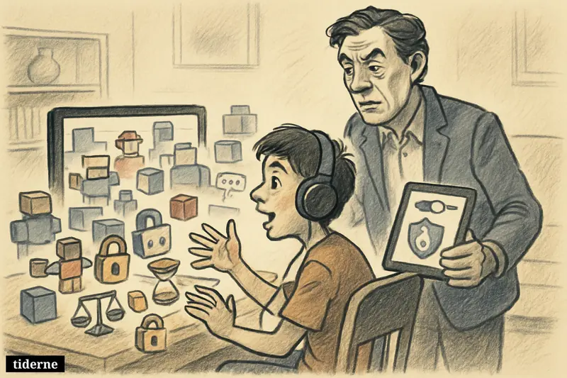 A parent quietly observes a child playing a blocky online game, with safety, privacy, and screen-time symbols around the computer.