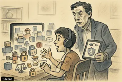 A parent quietly observes a child playing a blocky online game, with safety, privacy, and screen-time symbols around the computer.