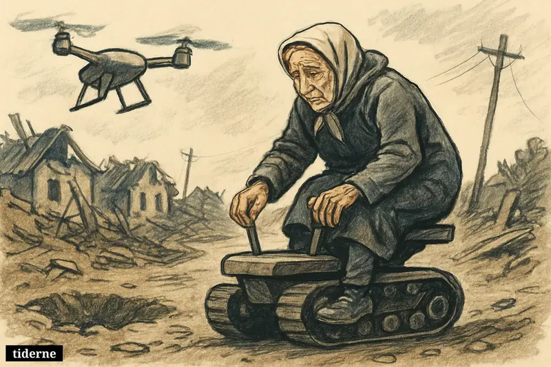 An elderly woman in a ruined village climbs onto a small rescue robot while a drone hovers overhead near the frontline in Ukraine.