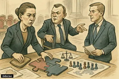 Mette Frederiksen, Lars Løkke Rasmussen, and Troels Lund Poulsen in a tense government negotiation room with puzzle pieces and political chess symbols.