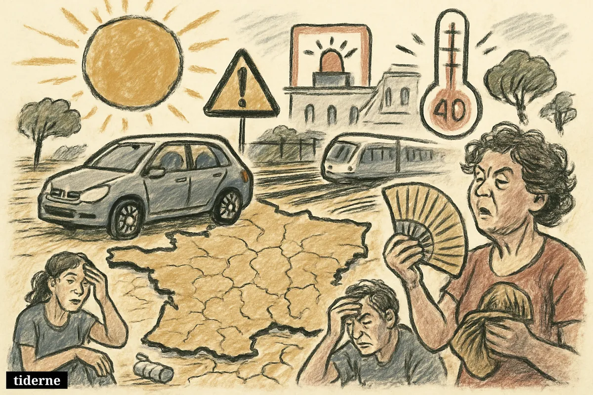 Caricature of a deadly Western European heatwave with a baking car, exhausted civilians, warped rail lines, and warning beacons over France and Spain.