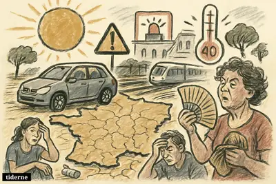 Caricature of a deadly Western European heatwave with a baking car, exhausted civilians, warped rail lines, and warning beacons over France and Spain.