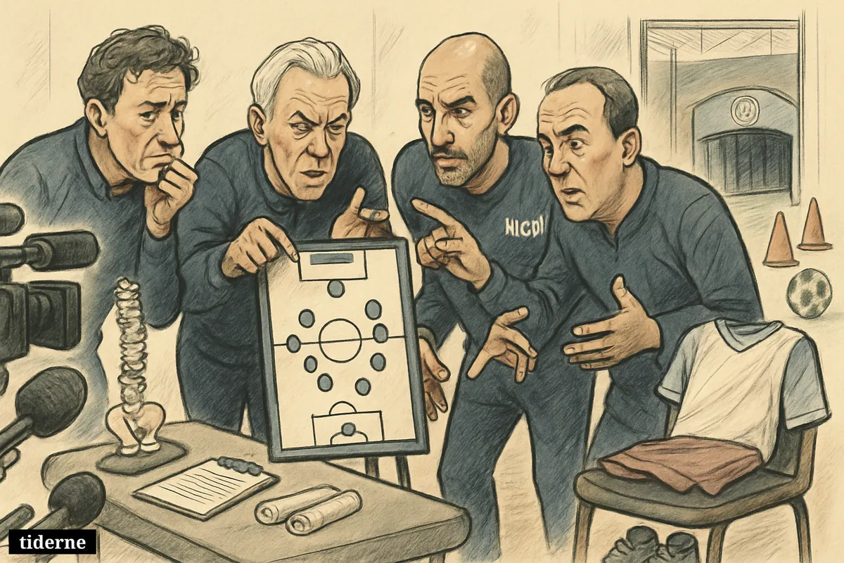 Coaches and medical staff confer in a football treatment room beside an untouched kit and spine model, suggesting a key midfielder’s injury absence. (AI-genereret illustration)