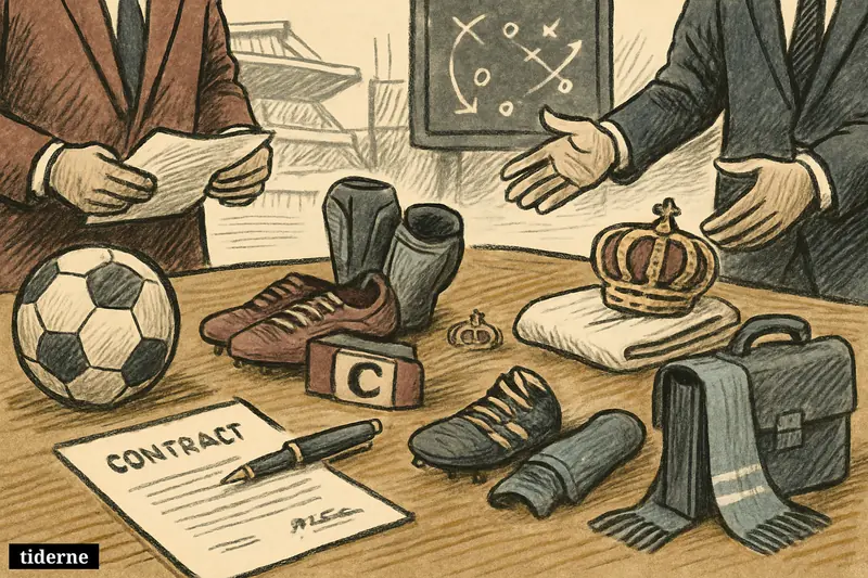 A caricature football transfer negotiation scene with contract, pen, club-themed props, and player gear being pulled toward the Madrid side. (AI-genereret illustration)