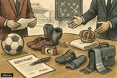 A caricature football transfer negotiation scene with contract, pen, club-themed props, and player gear being pulled toward the Madrid side. (AI-genereret illustration)