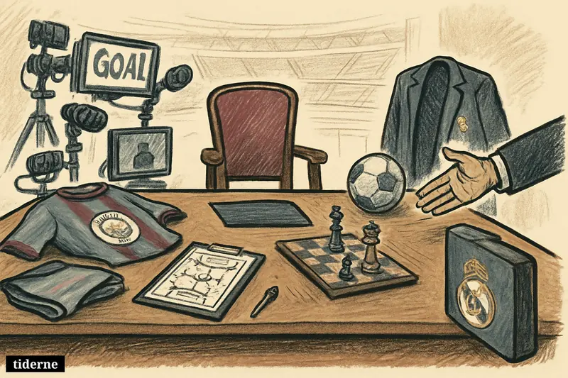 A football transfer room with Manchester City and Real Madrid symbols, an empty central chair, media cameras, contract papers, and a waiting suitcase. (AI-genereret illustration)