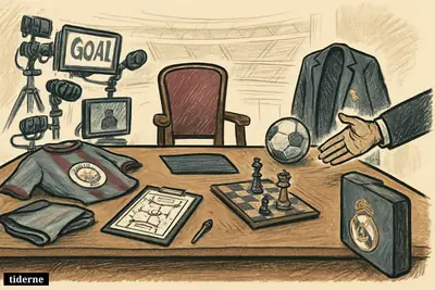 A football transfer room with Manchester City and Real Madrid symbols, an empty central chair, media cameras, contract papers, and a waiting suitcase. (AI-genereret illustration)