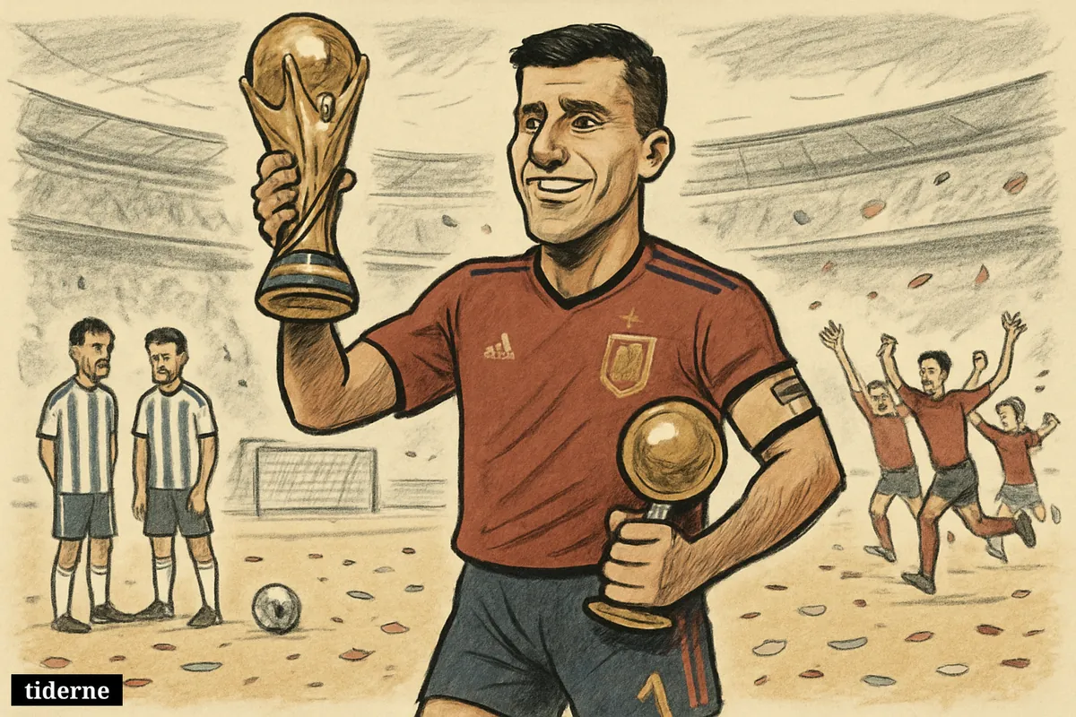 Rodri celebrates on the pitch with the World Cup trophy and Golden Ball as Spain teammates cheer and Argentina players react sadly. (AI-genereret illustration)