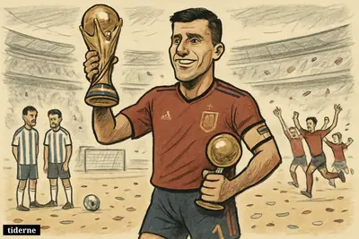 Rodri celebrates on the pitch with the World Cup trophy and Golden Ball as Spain teammates cheer and Argentina players react sadly. (AI-genereret illustration)