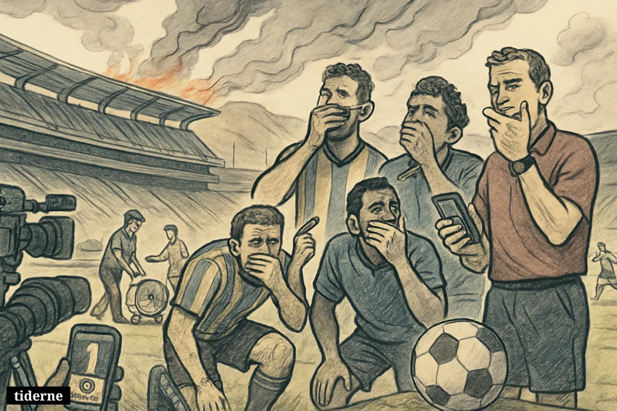 Football players and a referee in a smoky California stadium react to wildfire haze threatening an international tournament match.