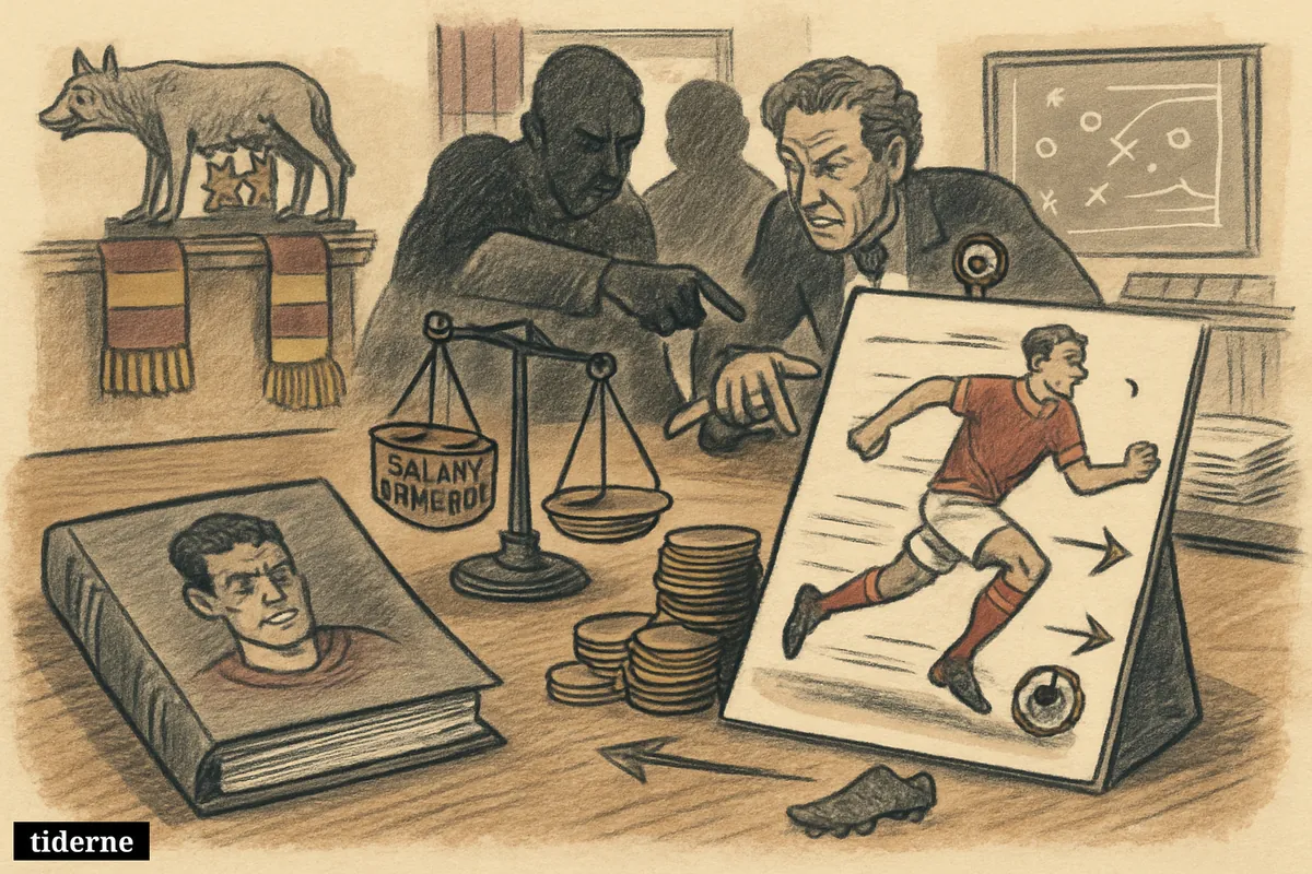 A football transfer office shows Roma rejecting an expensive player file and turning toward a new winger target at the table. (AI-genereret illustration)
