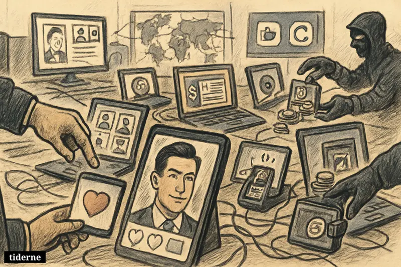 A fake dating profile dominates a scam control room filled with devices, crypto payments, fake banking screens, and a web-like global network.