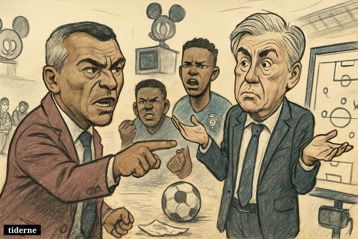Romário angrily confronts Ancelotti in a football press area as Endrick and Vinícius Júnior react, with Brazil dejected and Norway celebrating behind them. (AI-genereret illustration)