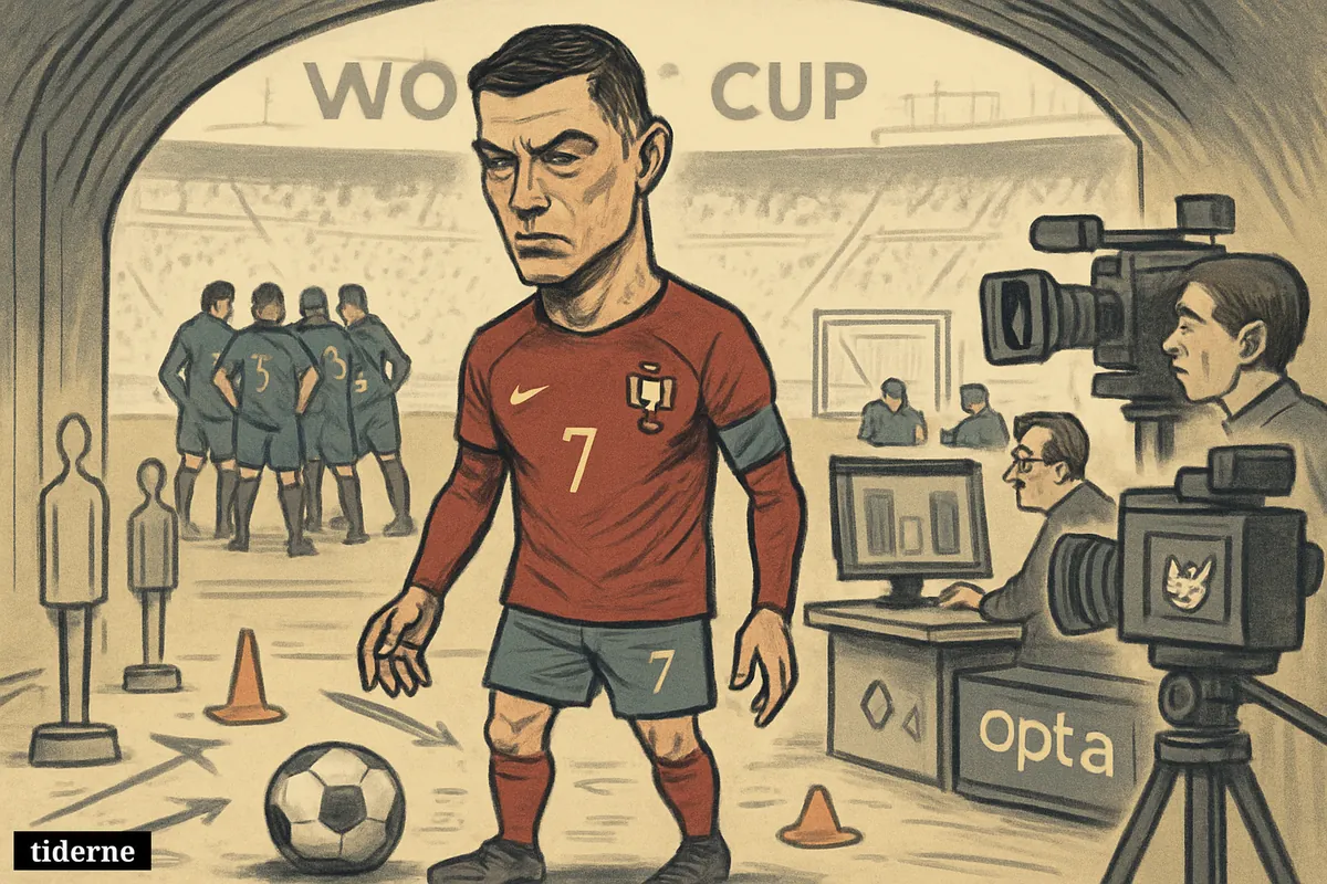 Cristiano Ronaldo stands frustrated in a stadium tunnel scene, with football analytics screens, broadcast gear, and defensive players emphasizing criticism of his dribbling. (AI-genereret illustration)