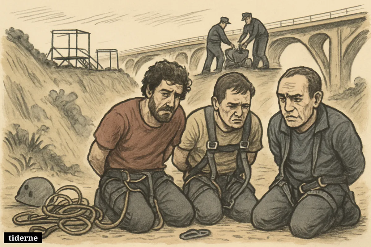 Three detained men at a failed rope-jump site near a bridge, with loose safety gear, police investigation, and a dangerous ravine below.