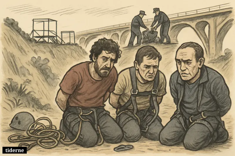 Three detained men at a failed rope-jump site near a bridge, with loose safety gear, police investigation, and a dangerous ravine below.