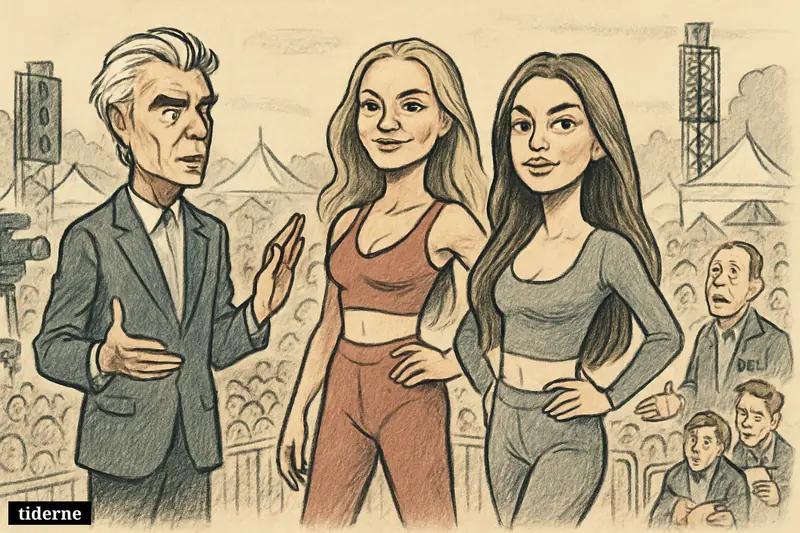 David Byrne, Zara Larsson, and Addison Rae dominate a crowded festival stage as critics watch from the side. (AI-genereret illustration)