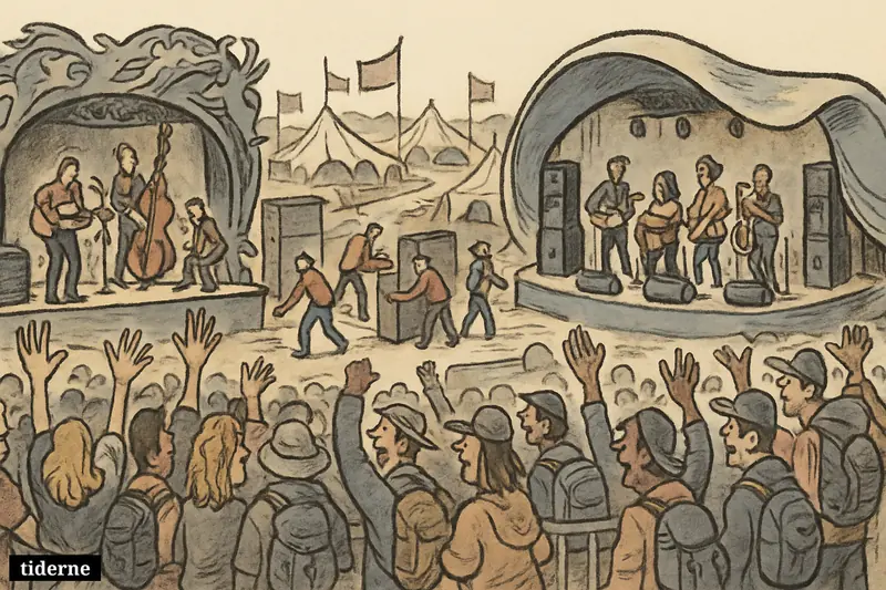 Two newly added festival stages anchor a busy Roskilde Festival crowd, with intimate performances, flexible set pieces, and a lively outdoor concert atmosphere.