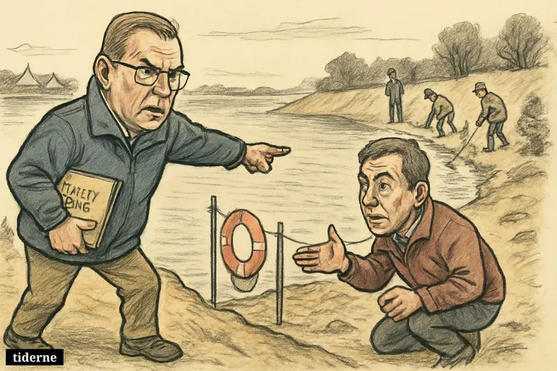 Caricature of Tomas Breddam and Allan Nyhus inspecting a hazardous gravel pit lake as workers add rescue gear and barriers nearby.